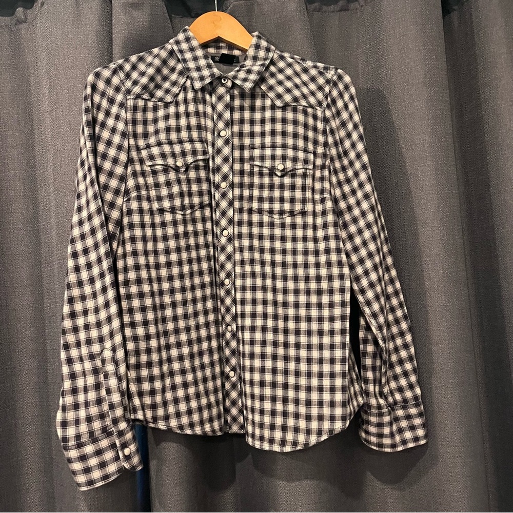 Lucky Brand Black & Cream Flannel Western Pearl Snap Button Down Size M